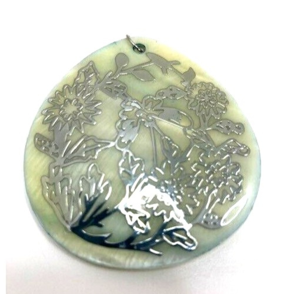 Natural Elegance Mother of Pearl Shell Silver tone inlay Pear shape pendant 2 in